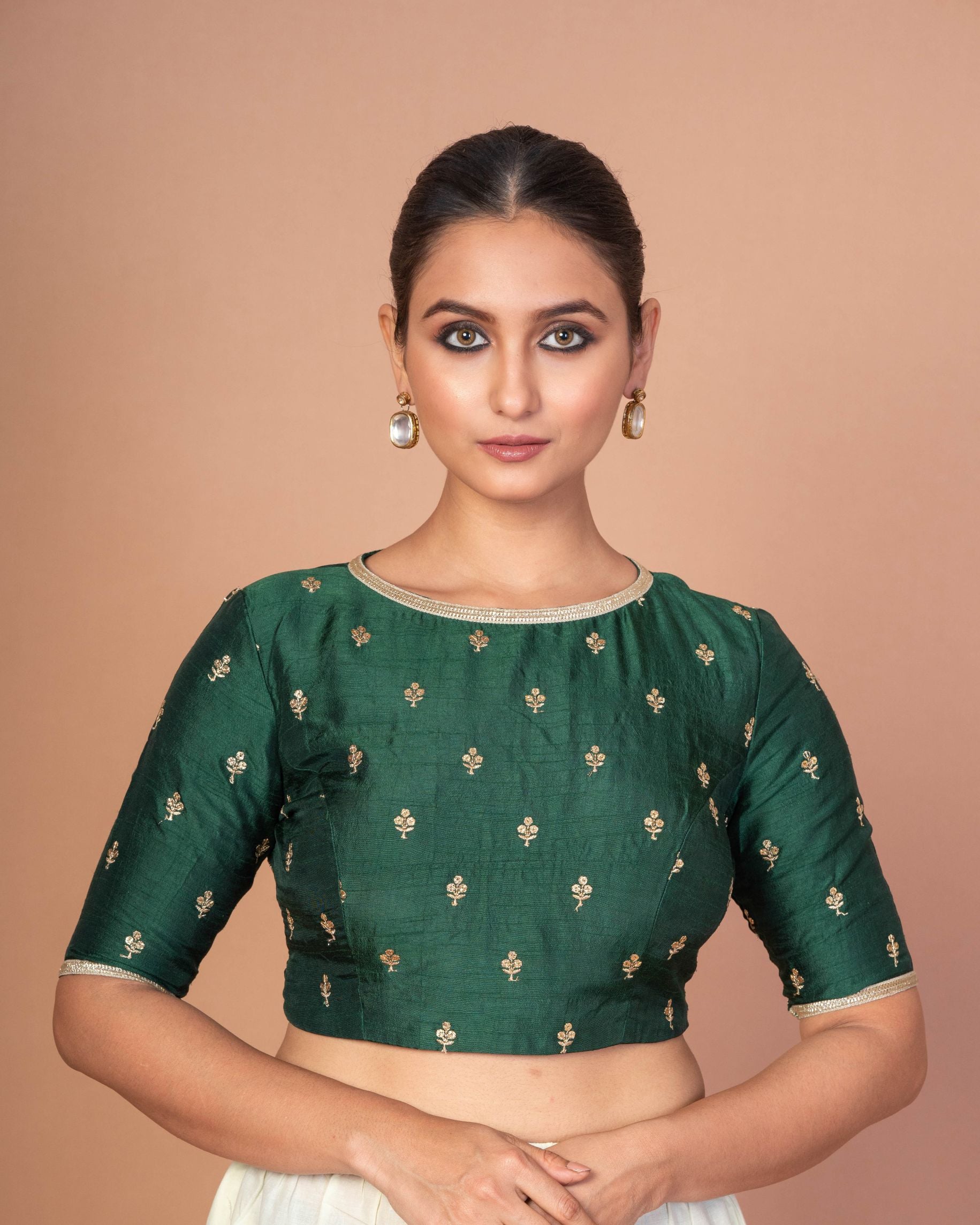 Dark Green Blouse with Golden Floral Embroidery and Boat Neckline image-1


