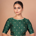 Dark Green Blouse with Golden Floral Embroidery and Boat Neckline image-2
