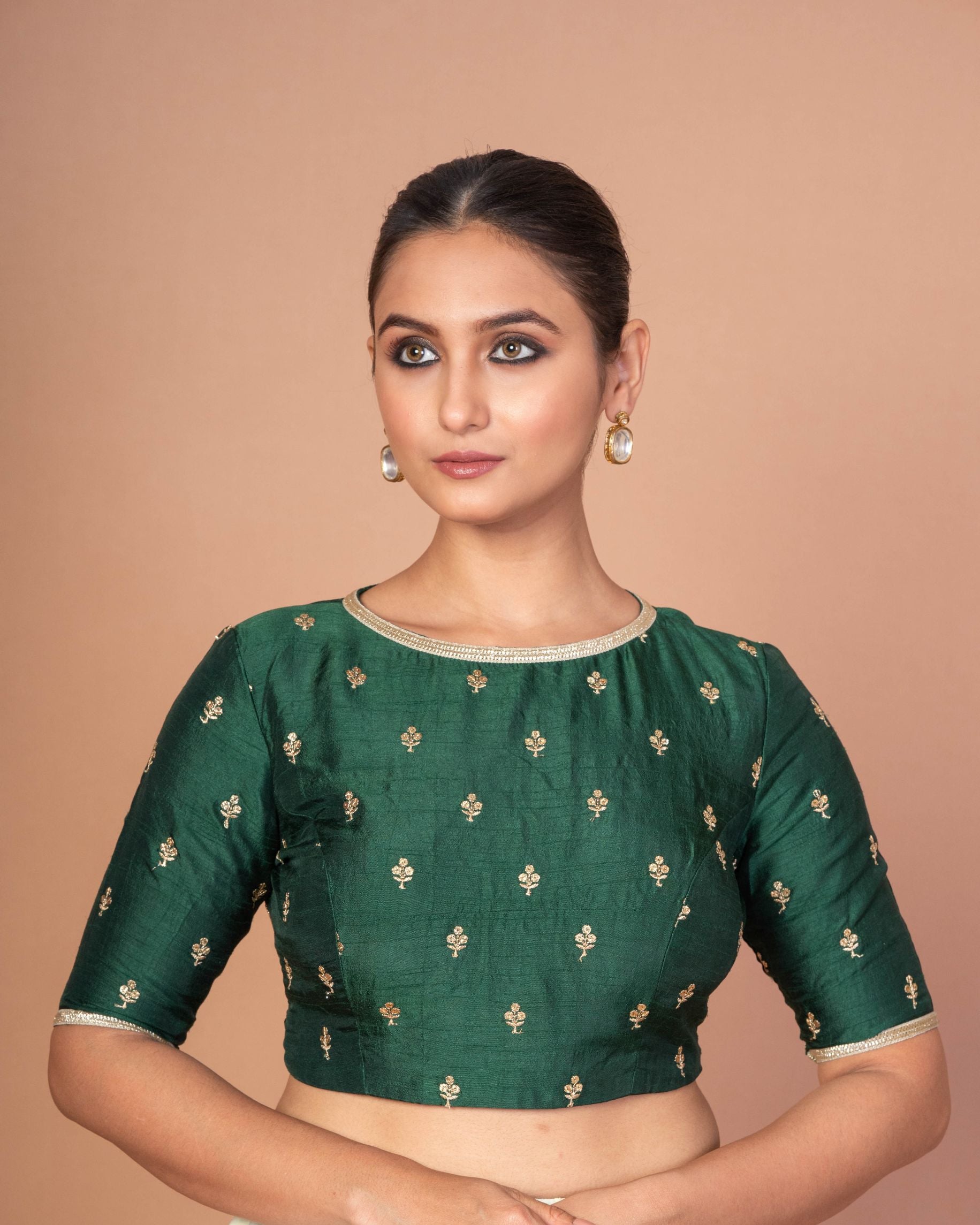 Dark Green Blouse with Golden Floral Embroidery and Boat Neckline image-2
