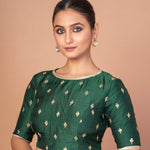 Dark Green Blouse with Golden Floral Embroidery and Boat Neckline image-4

