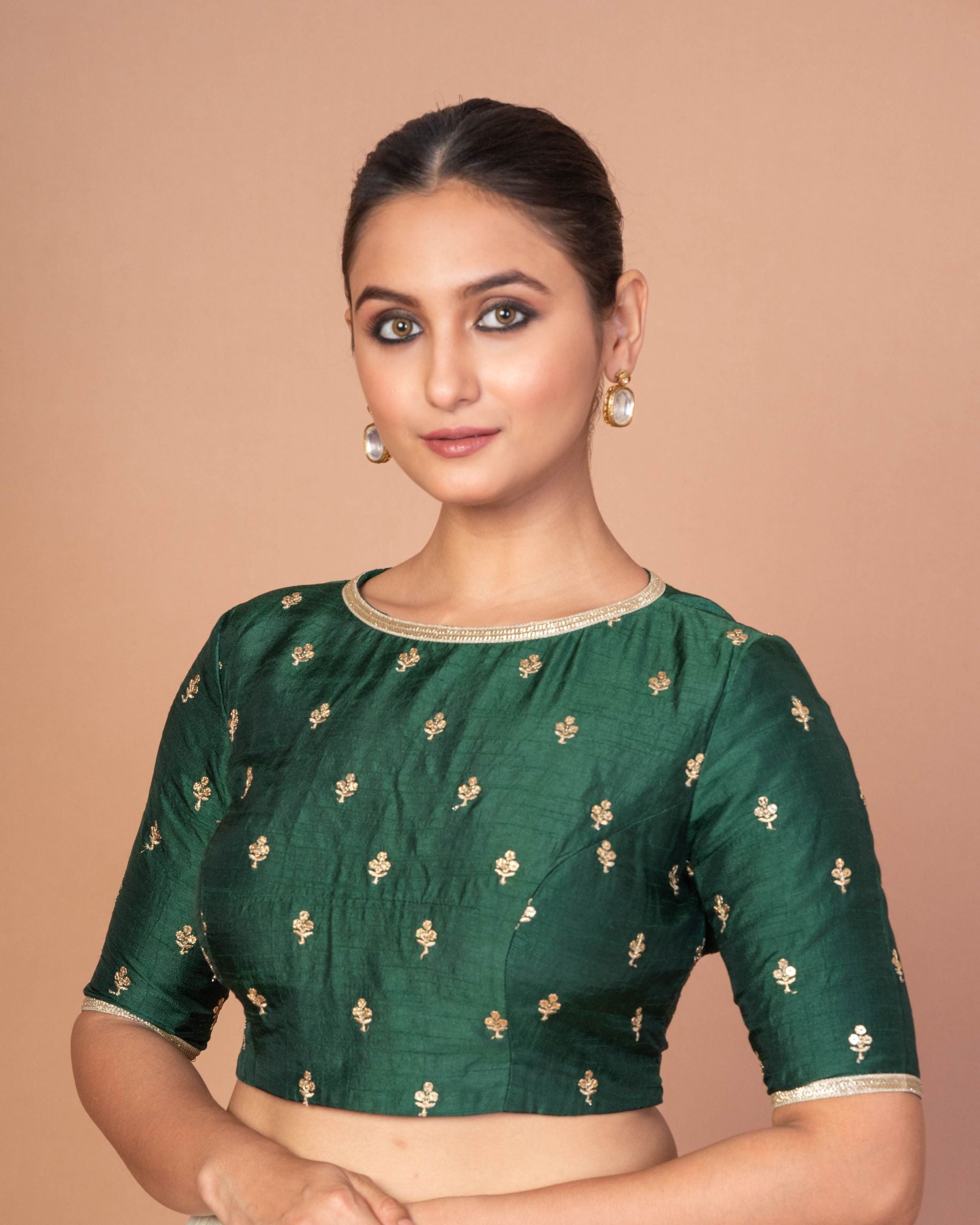 Dark Green Blouse with Golden Floral Embroidery and Boat Neckline image-4
