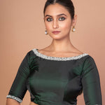 Dark Green Hand - Embroidered Silk Blouse Featuring Boat Neck and Pearl - Studded Back Cut - Out - Anvi Couture