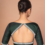 Dark Green Hand - Embroidered Silk Blouse Featuring Boat Neck and Pearl - Studded Back Cut - Out - Anvi Couture