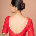 Red Raw Silk Square Neck Blouse with Golden Border and Sleeve Bootis image-4