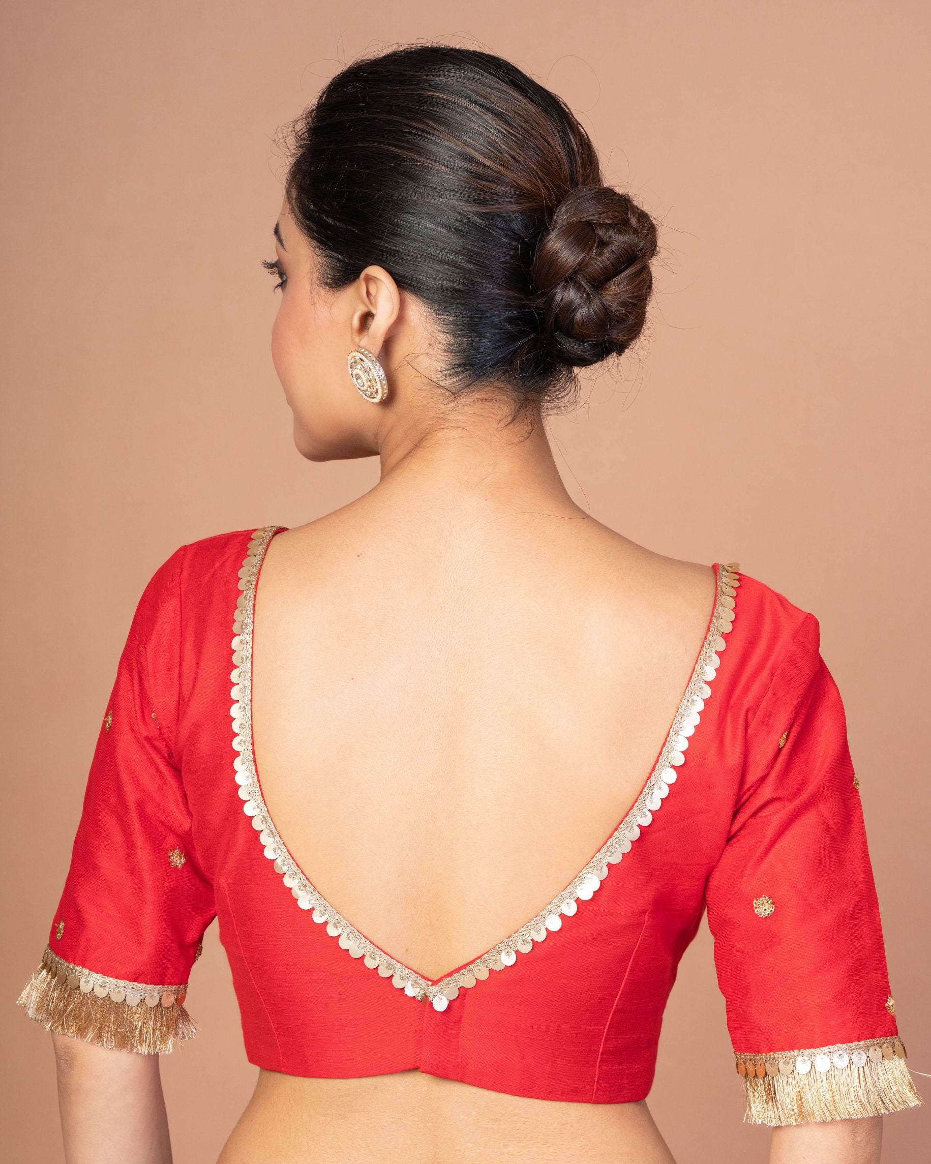 Red Raw Silk Square Neck Blouse with Golden Border and Sleeve Bootis image-4