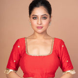 Red Raw Silk Square Neck Blouse with Golden Border and Sleeve Bootis image-1
