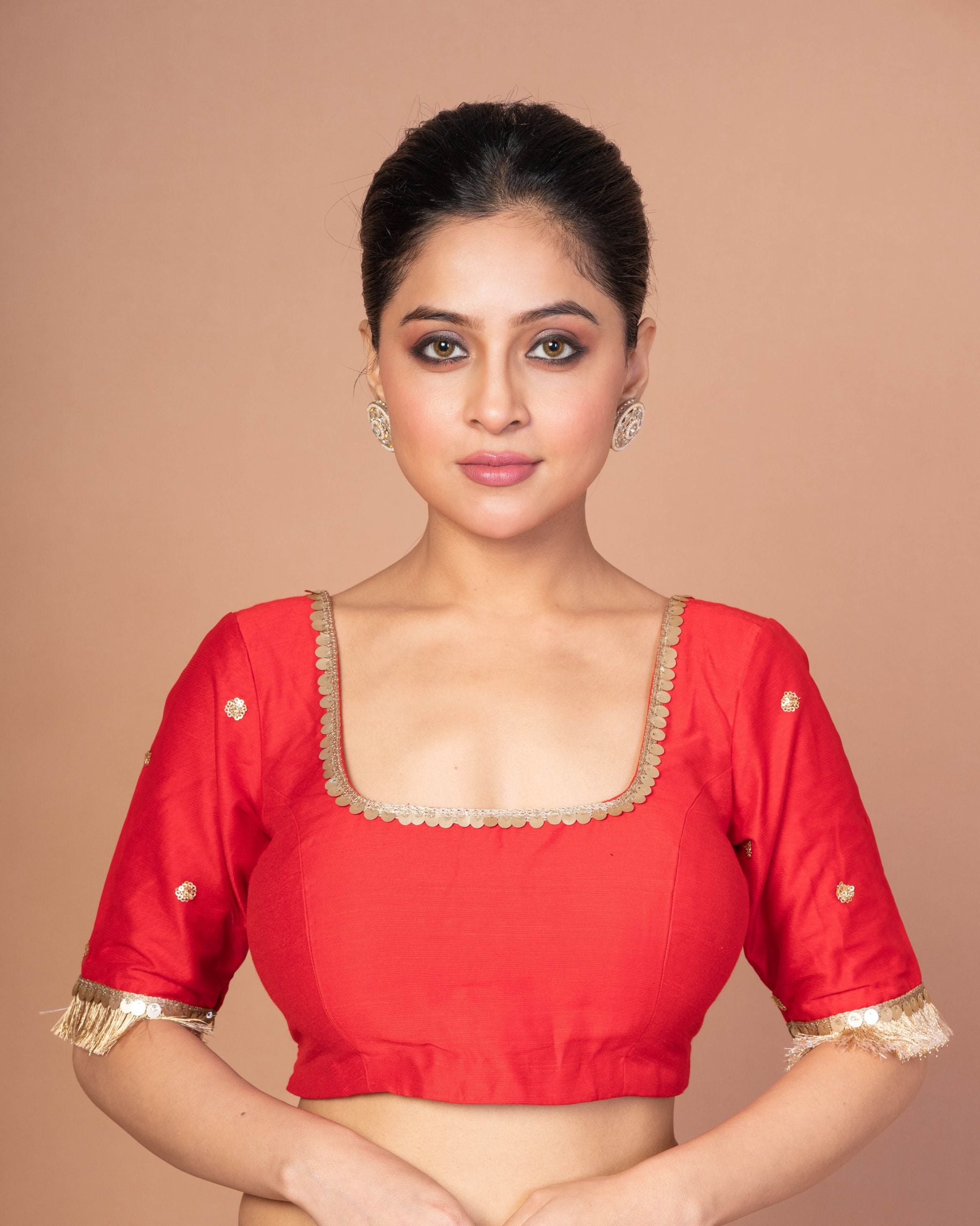 Red Raw Silk Square Neck Blouse with Golden Border and Sleeve Bootis image-1
