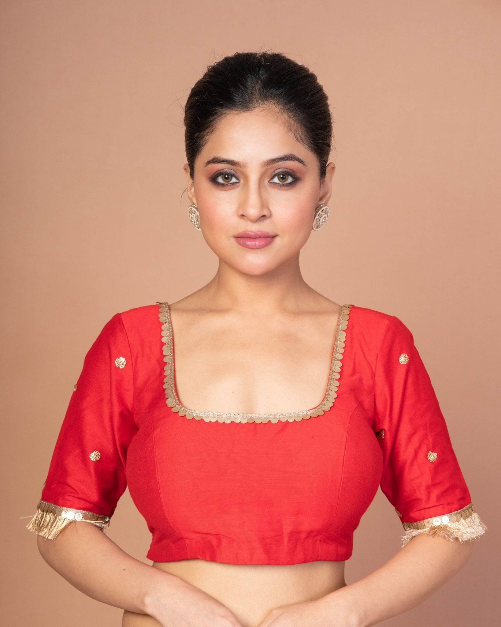 Red Raw Silk Square Neck Blouse with Golden Border and Sleeve Bootis - Anvi Couture