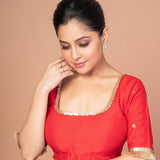 Red Raw Silk Square Neck Blouse with Golden Border and Sleeve Bootis image-3