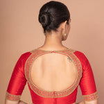 Red Raw Silk Hand-Embroidered Blouse with Golden Beads & Round Back Cut-Out image 4