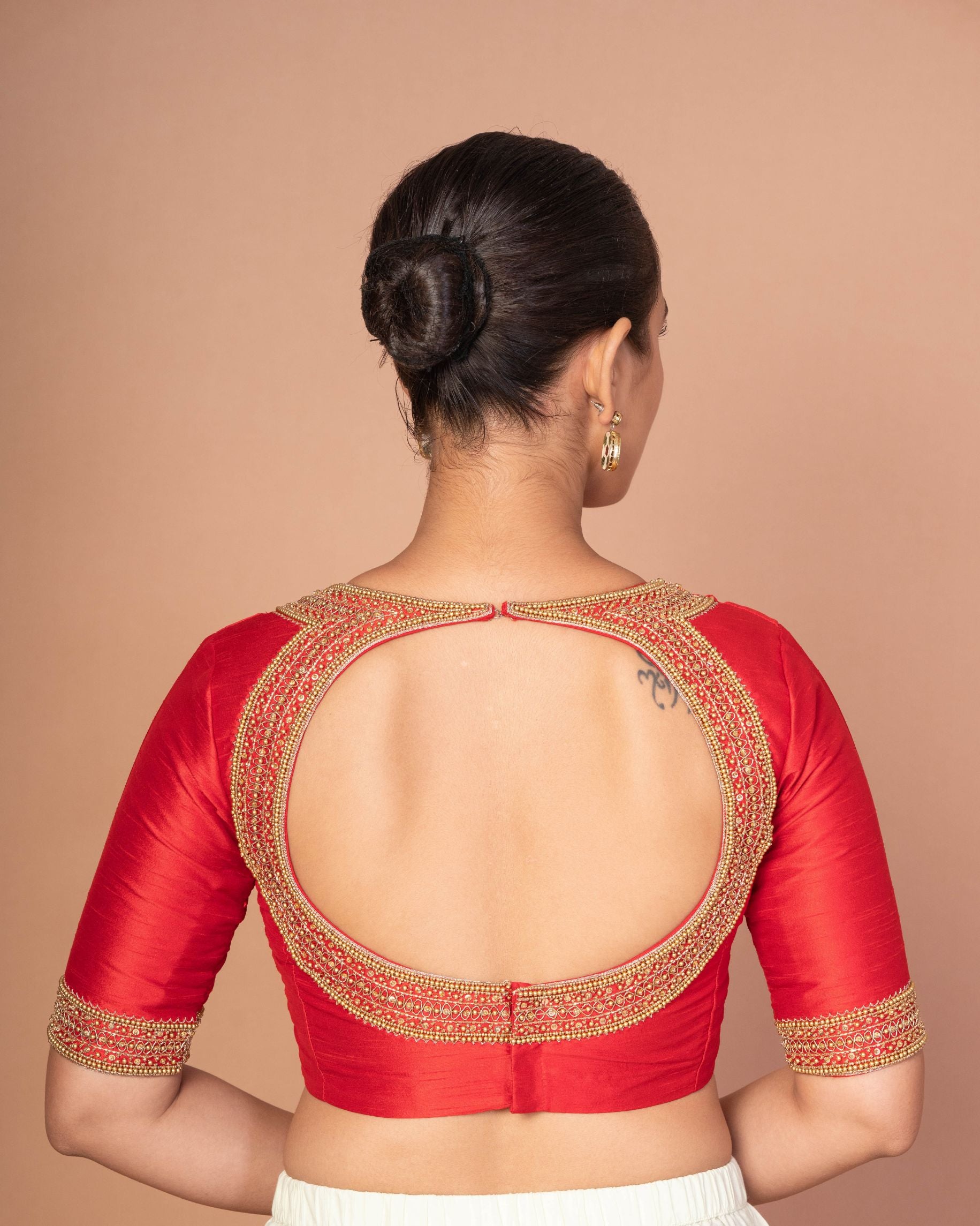 Red Raw Silk Hand-Embroidered Blouse with Golden Beads & Round Back Cut-Out image 4