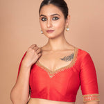 Red Raw Silk Hand-Embroidered Blouse with Golden Beads & Round Back Cut-Out image 1