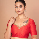 Red Raw Silk Hand-Embroidered Blouse with Golden Beads & Round Back Cut-Out image 1