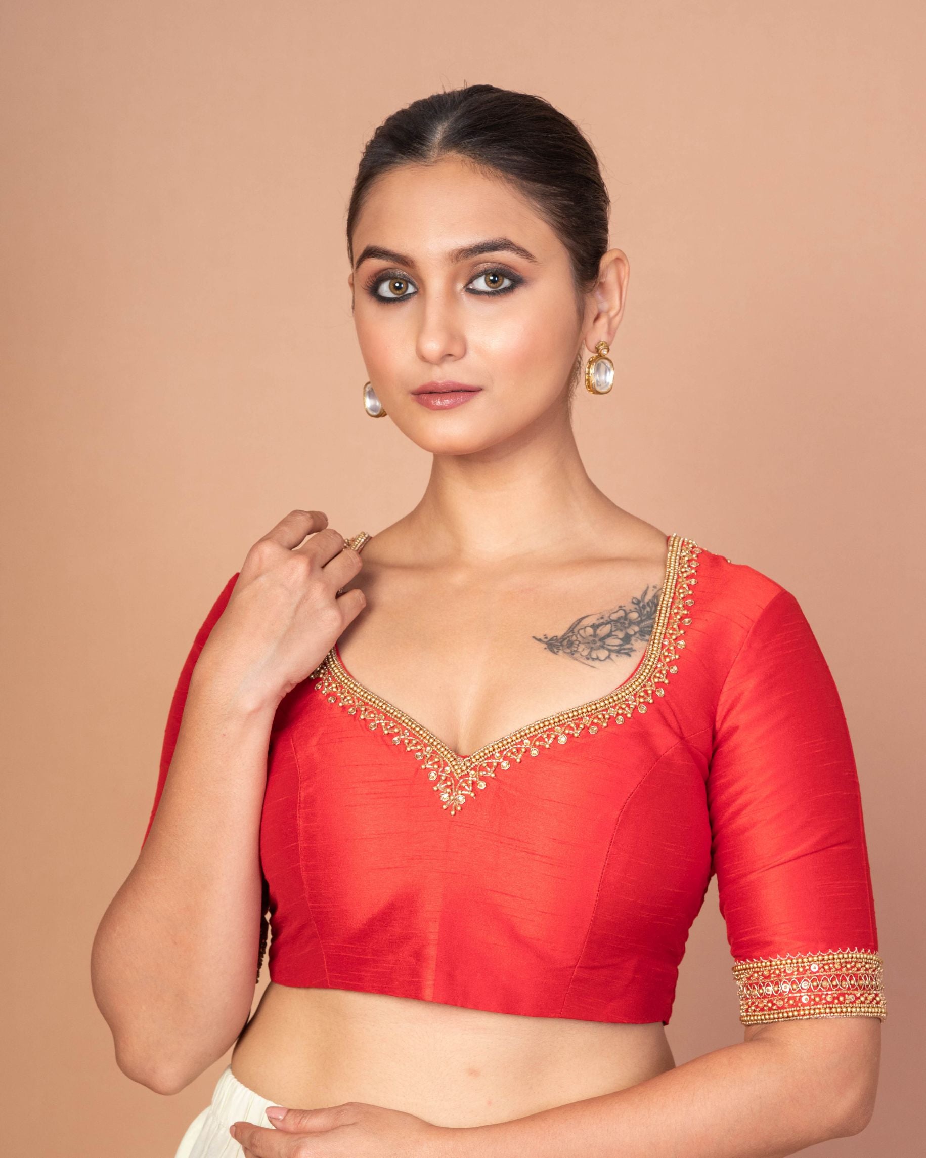 Red Raw Silk Hand-Embroidered Blouse with Golden Beads & Round Back Cut-Out image 1