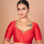 Red Raw Silk Hand-Embroidered Blouse with Golden Beads & Round Back Cut-Out image 2