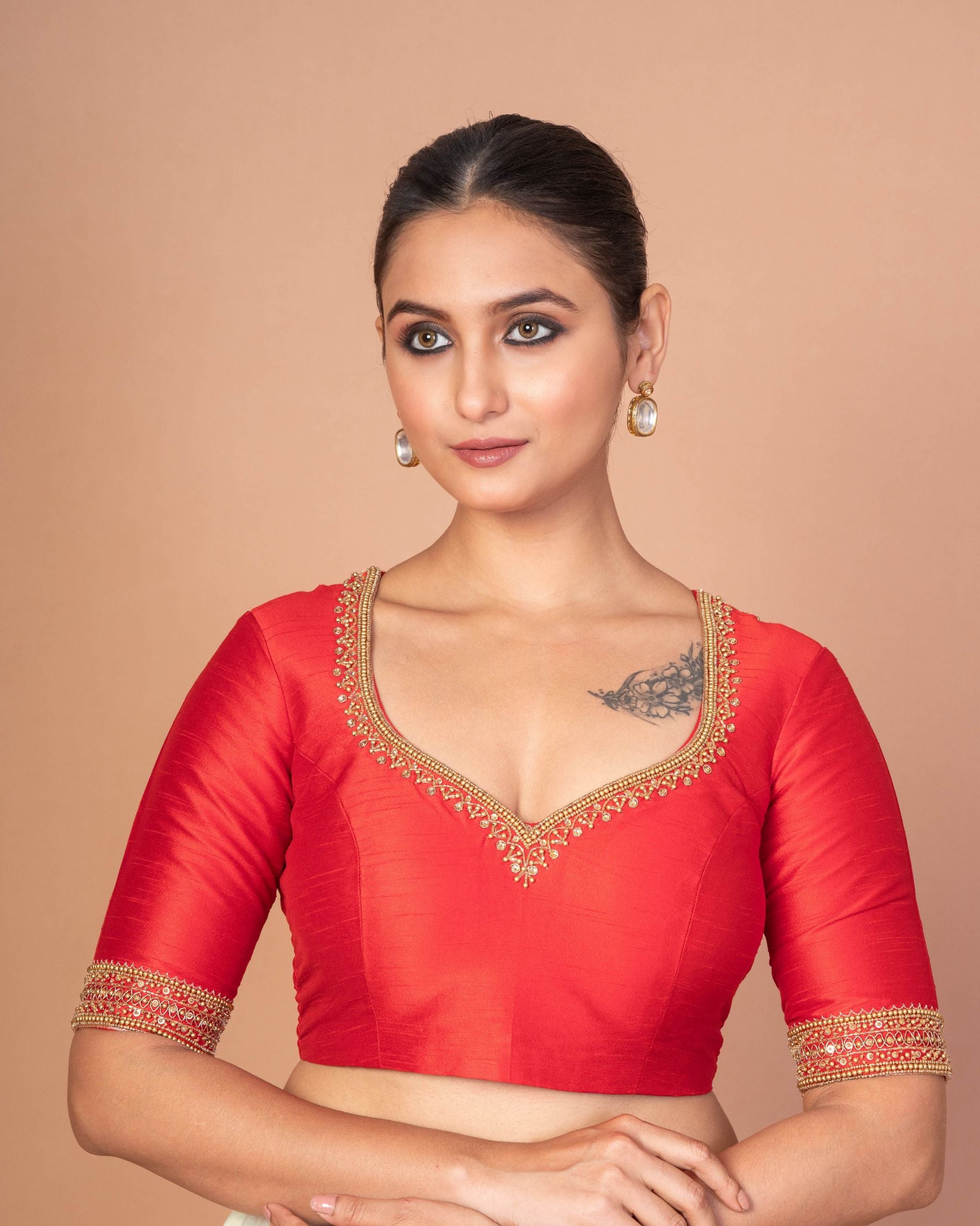 Red Raw Silk Hand-Embroidered Blouse with Golden Beads & Round Back Cut-Out image 2