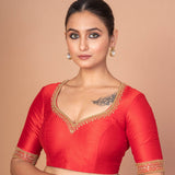 Red Raw Silk Hand-Embroidered Blouse with Golden Beads & Round Back Cut-Out image 3