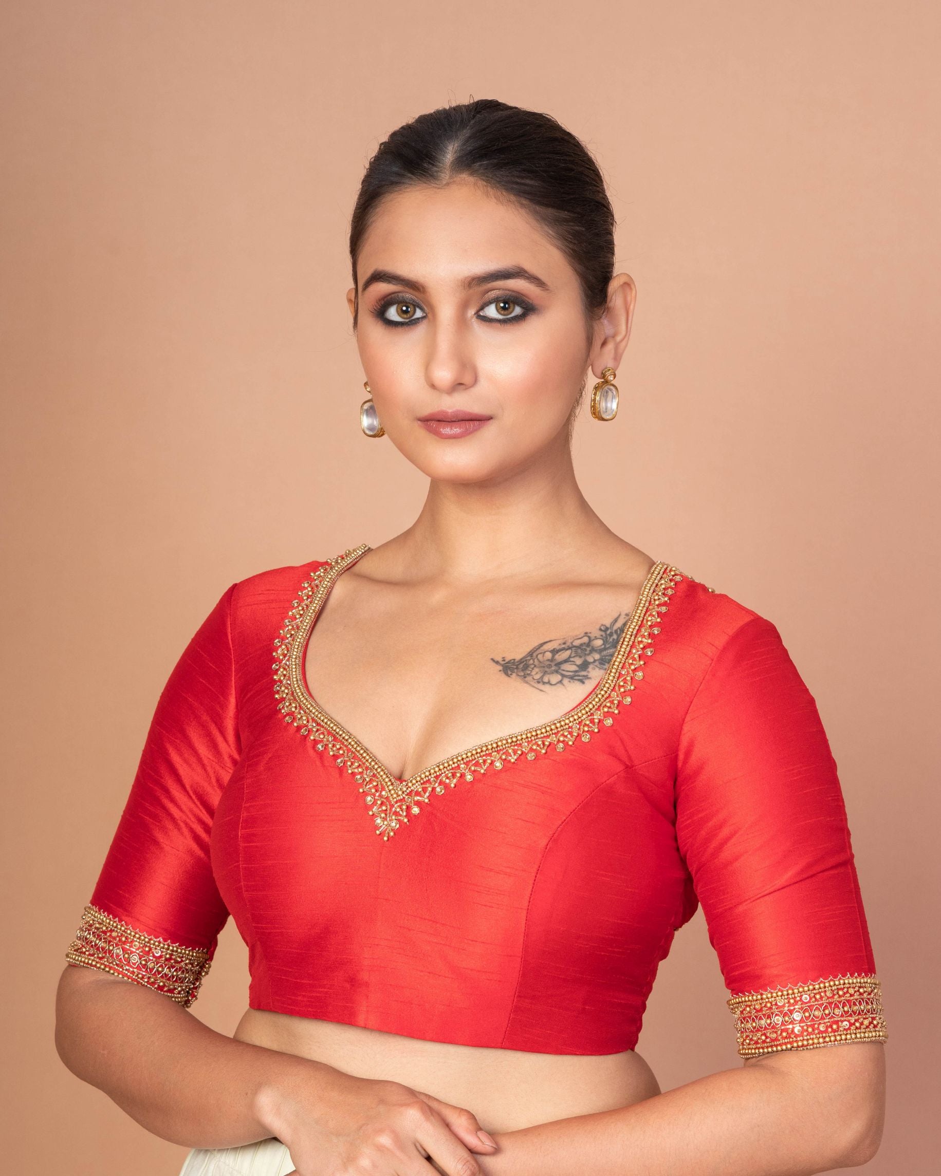 Red Raw Silk Hand-Embroidered Blouse with Golden Beads & Round Back Cut-Out image 3