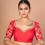 Designer Red Banarasi Blouse Featuring Embroidered Border & Stylish Back Cut-Out- image 1