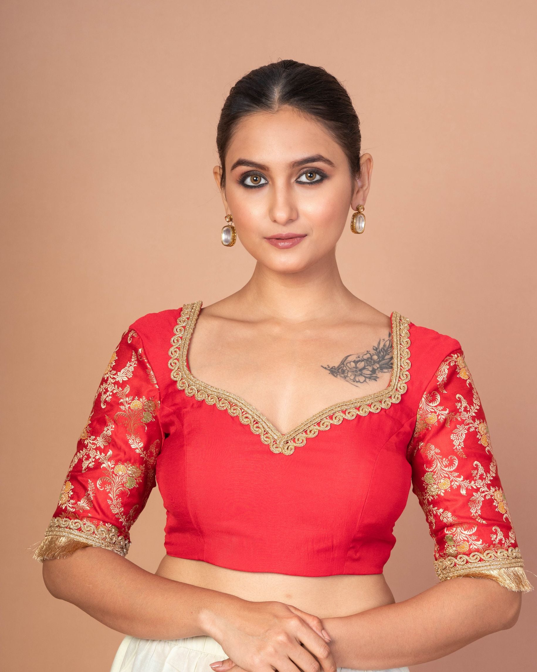 Designer Red Banarasi Blouse Featuring Embroidered Border & Stylish Back Cut-Out- image 1