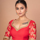 Designer Red Banarasi Blouse Featuring Embroidered Border & Stylish Back Cut-Out - image 2