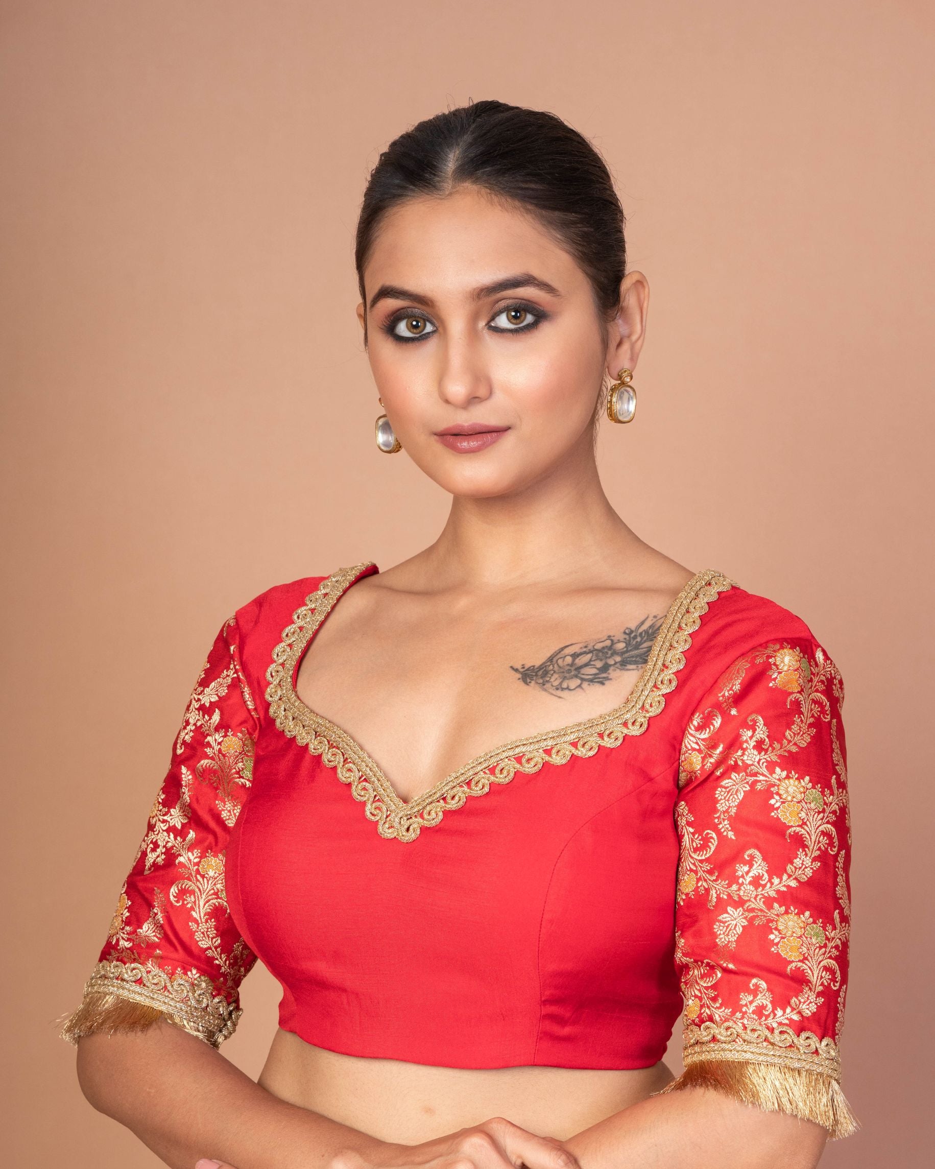 Designer Red Banarasi Blouse Featuring Embroidered Border & Stylish Back Cut-Out - image 2