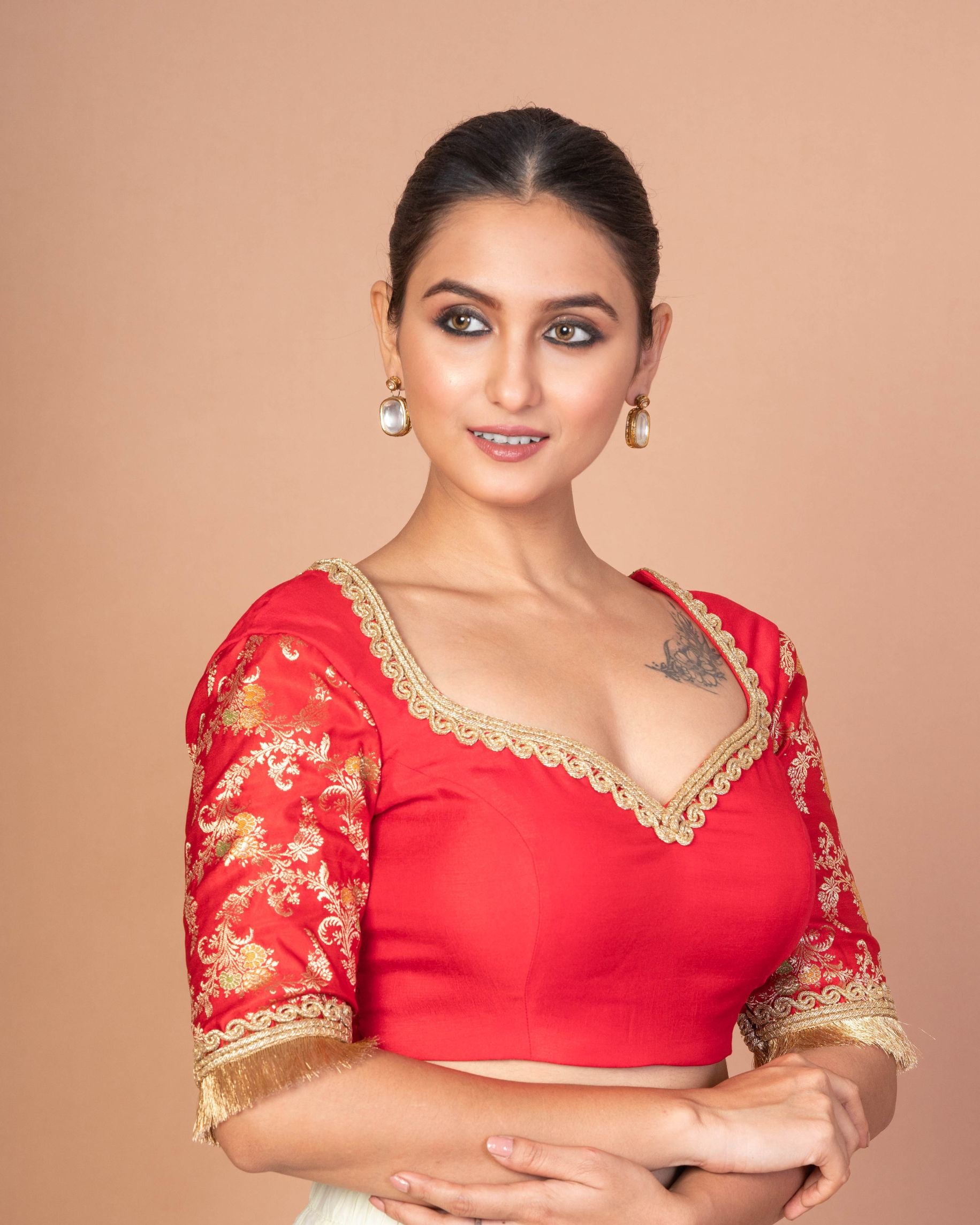 Designer Red Banarasi Blouse Featuring Embroidered Border & Stylish Back Cut-Out - image 3