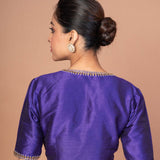 Blue Raw Silk Blouse with Hand Embroidery, Scoop Neckline & Elbow Sleeves