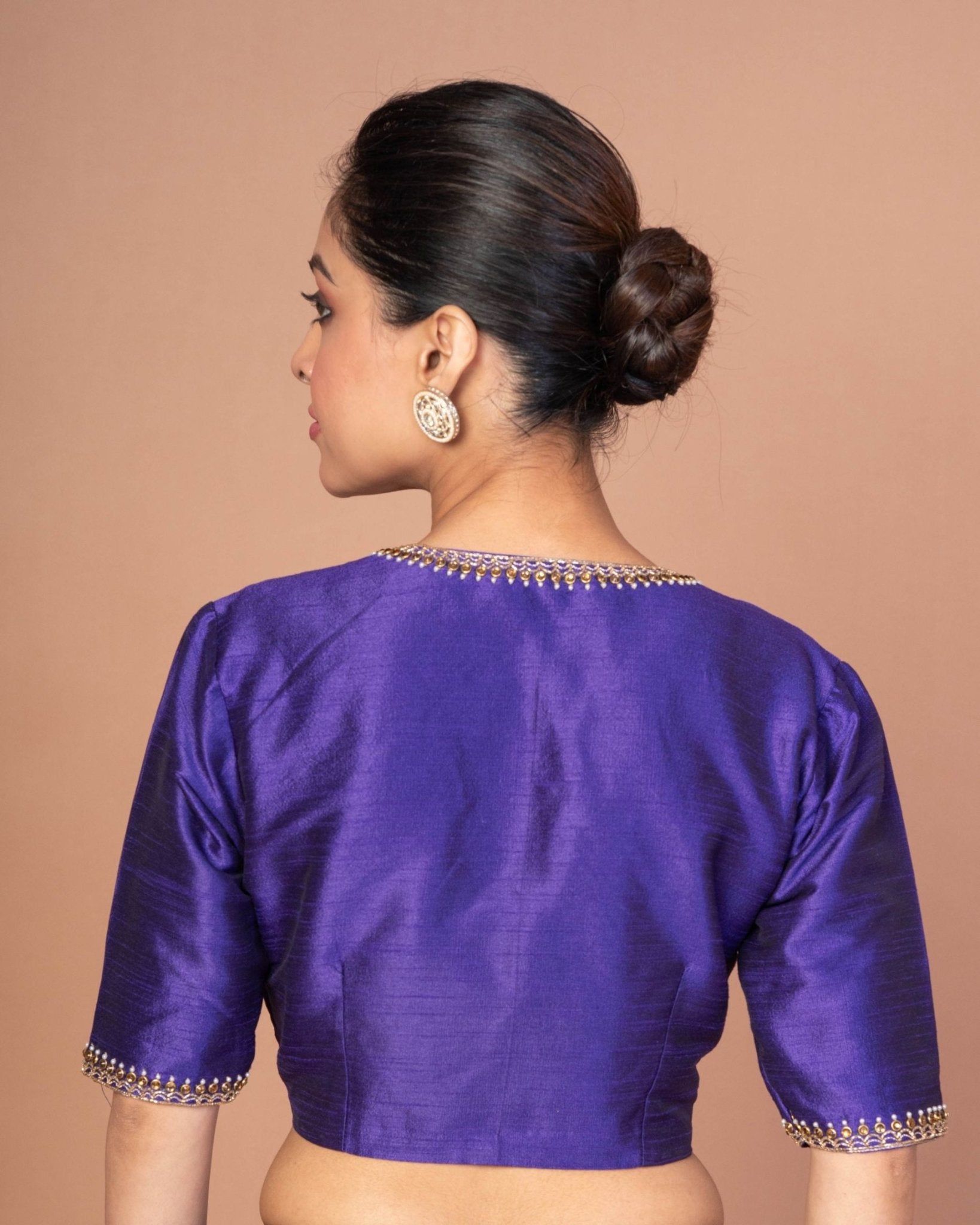 Blue Raw Silk Blouse with Hand Embroidery, Scoop Neckline & Elbow Sleeves - Anvi Couture