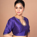 Blue Raw Silk Blouse with Hand Embroidery, Scoop Neckline & Elbow Sleeves