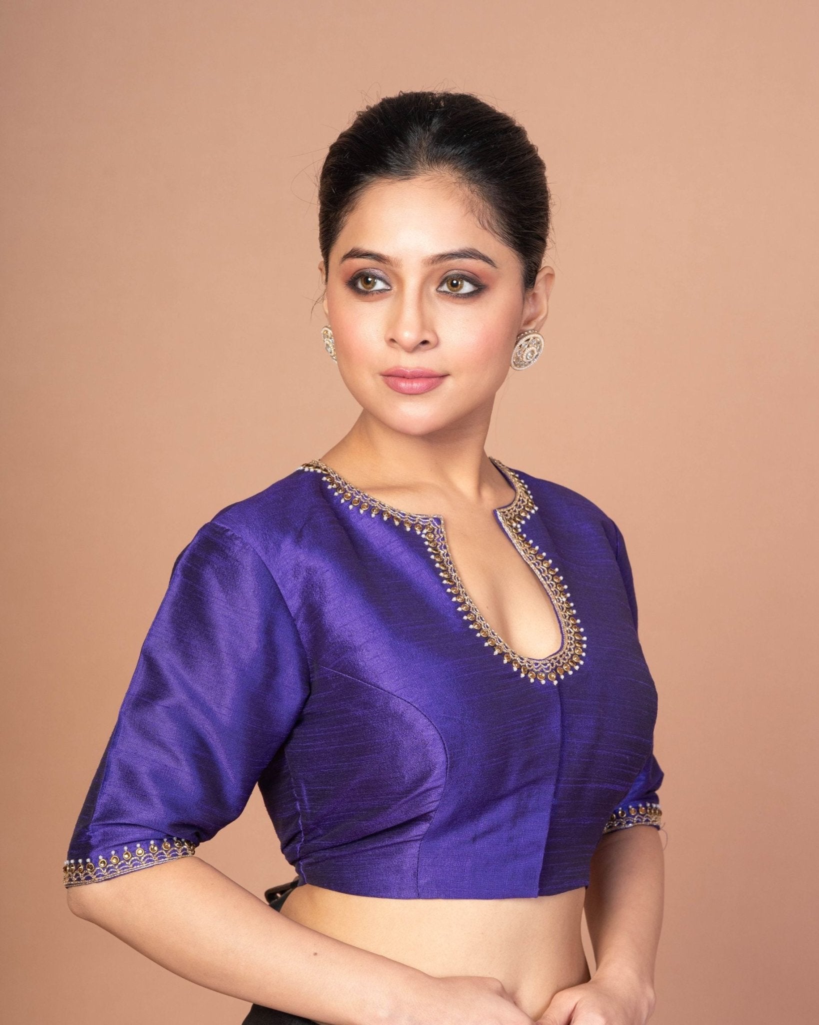 Blue Raw Silk Blouse with Hand Embroidery, Scoop Neckline & Elbow Sleeves - Anvi Couture