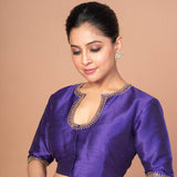 Blue Raw Silk Blouse with Hand Embroidery, Scoop Neckline & Elbow Sleeves