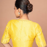 Yellow Raw Silk Blouse with Hand Embroidery, Round Neckline & Elbow Sleeves-image 4
