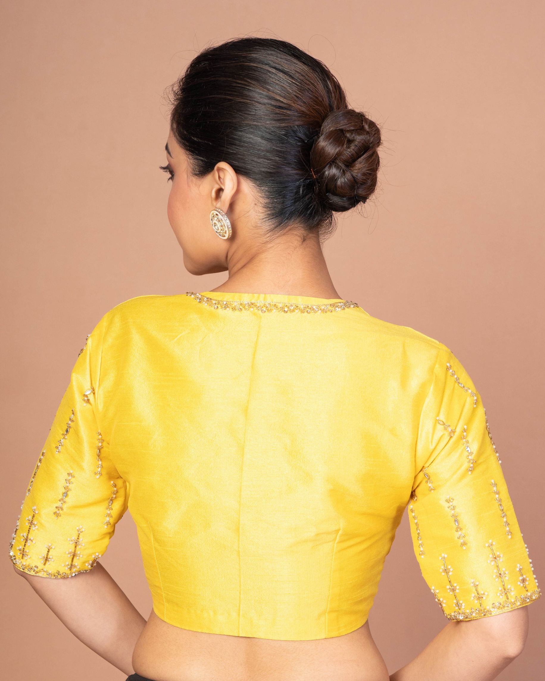Yellow Raw Silk Blouse with Hand Embroidery, Round Neckline & Elbow Sleeves-image 4