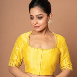 Yellow Raw Silk Blouse with Hand Embroidery, Round Neckline & Elbow Sleeves-image 1
