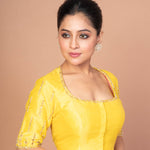 Yellow Raw Silk Blouse with Hand Embroidery, Round Neckline & Elbow Sleeves-image 2