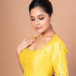 Yellow Raw Silk Blouse with Hand Embroidery, Round Neckline & Elbow Sleeves-image 3