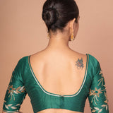  Dark Green Silk Blouse with Hand-Embroidered Elbow Sleeves & Border
image-4