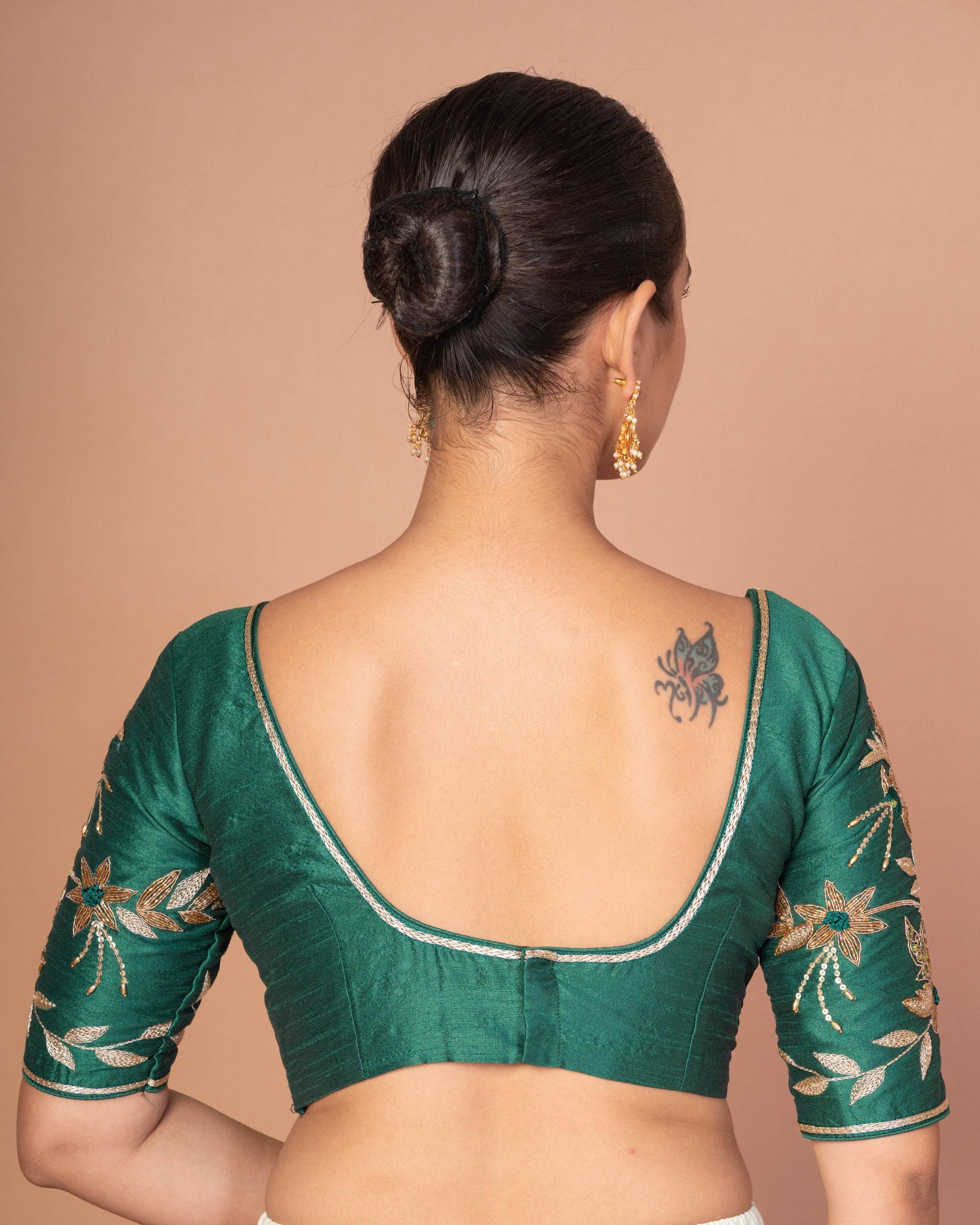  Dark Green Silk Blouse with Hand-Embroidered Elbow Sleeves & Border
image-4