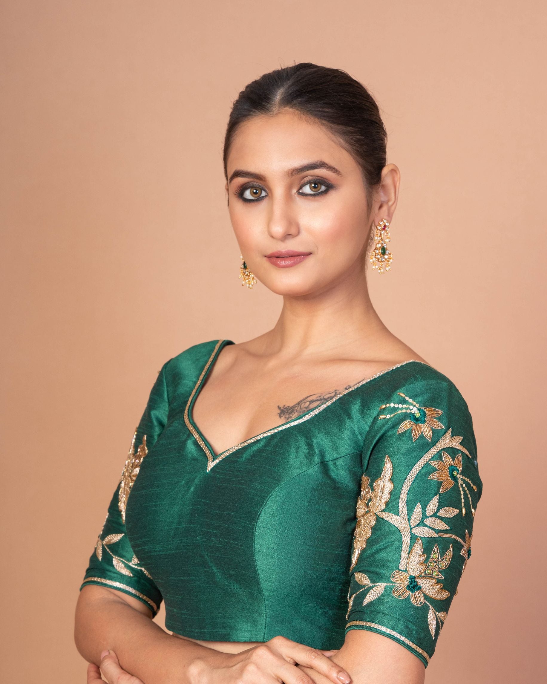  Dark Green Silk Blouse with Hand-Embroidered Elbow Sleeves & Border
image-3
