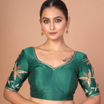  Dark Green Silk Blouse with Hand-Embroidered Elbow Sleeves & Border
image-1