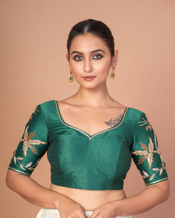 Dark Green Silk Blouse with Hand - Embroidered Elbow Sleeves & Border - Anvi Couture