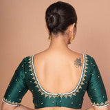 Forest  Green Raw Silk Hand Embroidered blouse with elbow sleeves for wedding