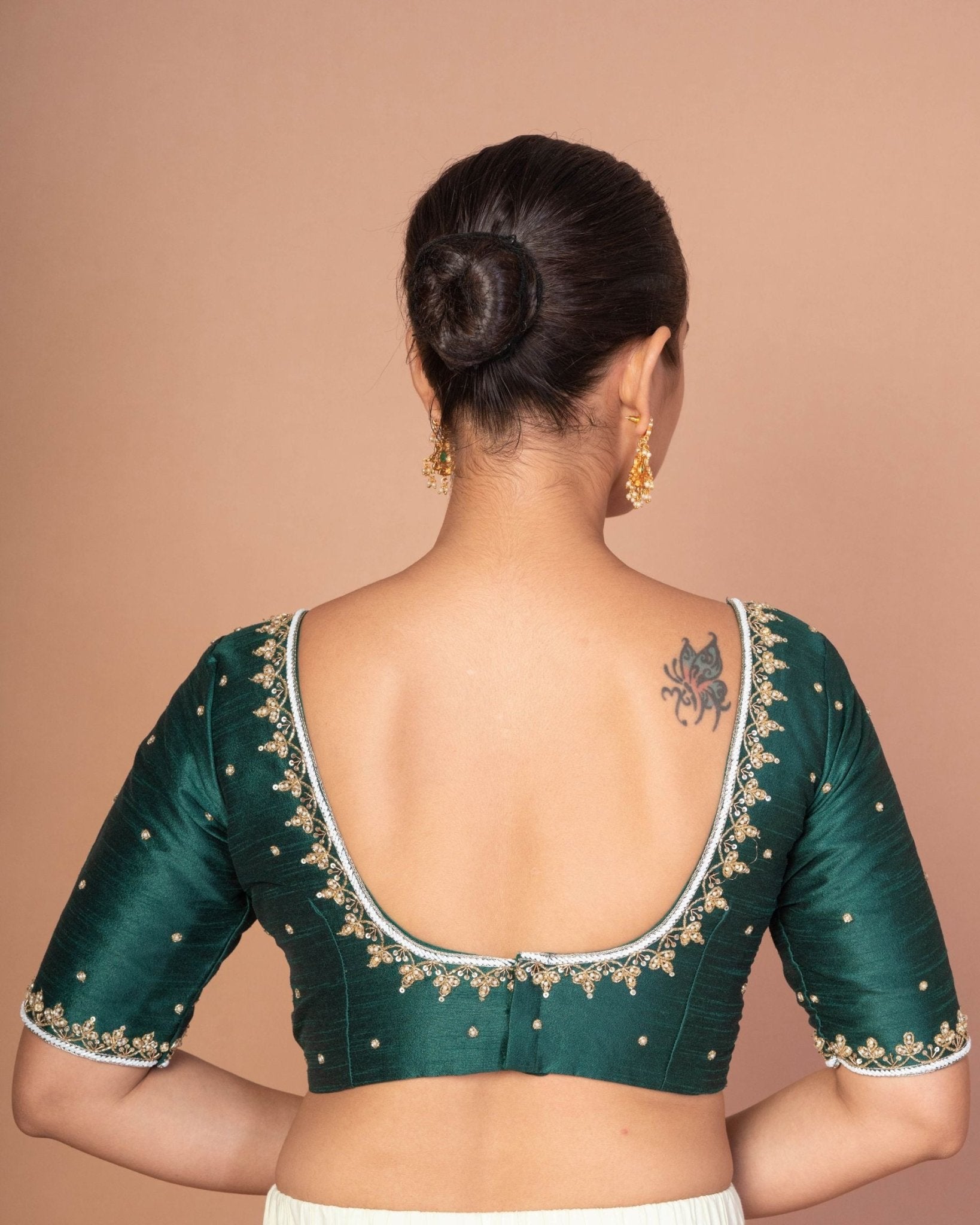 Forest Green Raw Silk Hand Embroidered blouse with elbow sleeves for wedding - Anvi Couture