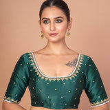 Forest  Green Raw Silk Hand Embroidered blouse with elbow sleeves for wedding