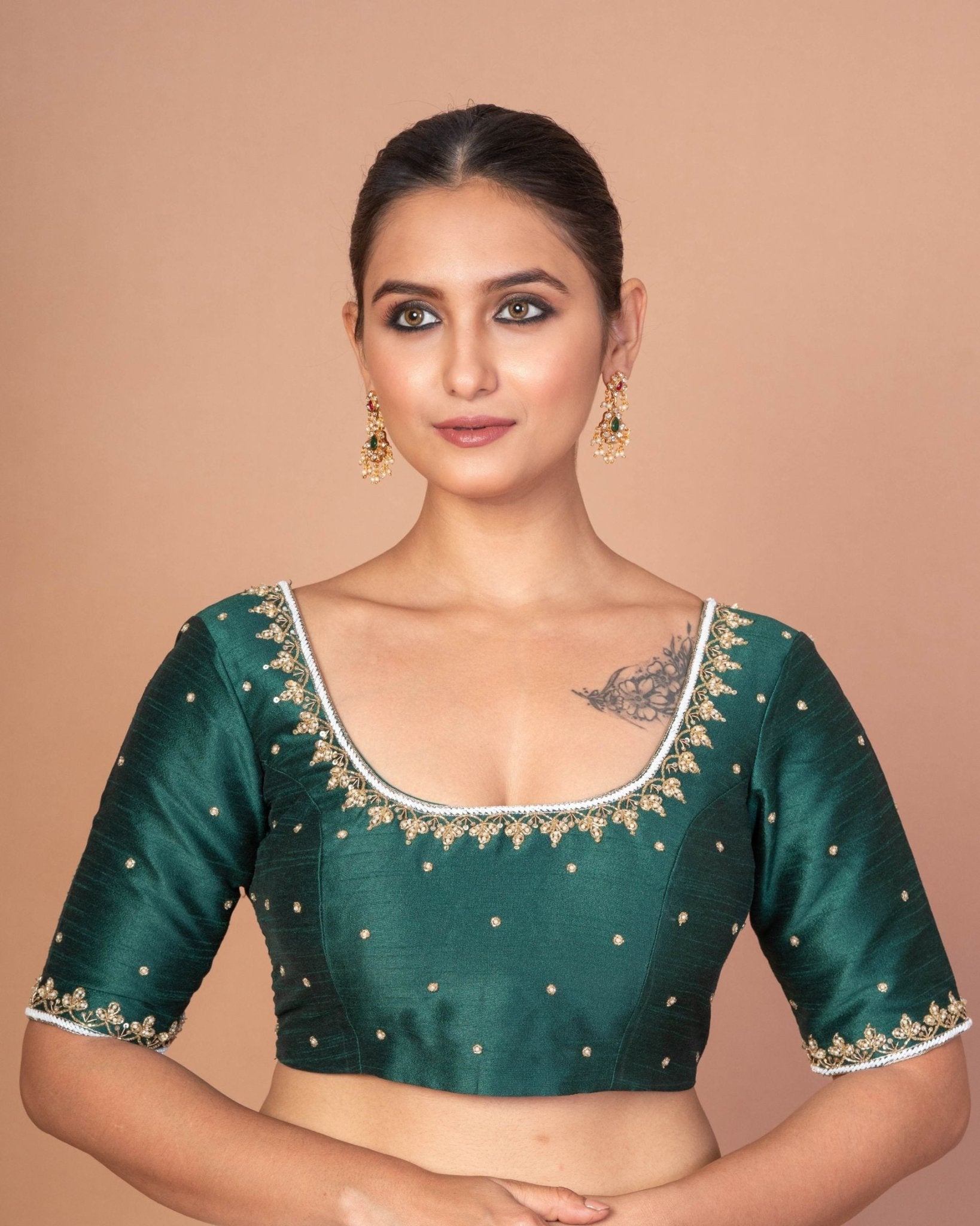 Forest Green Raw Silk Hand Embroidered blouse with elbow sleeves for wedding - Anvi Couture