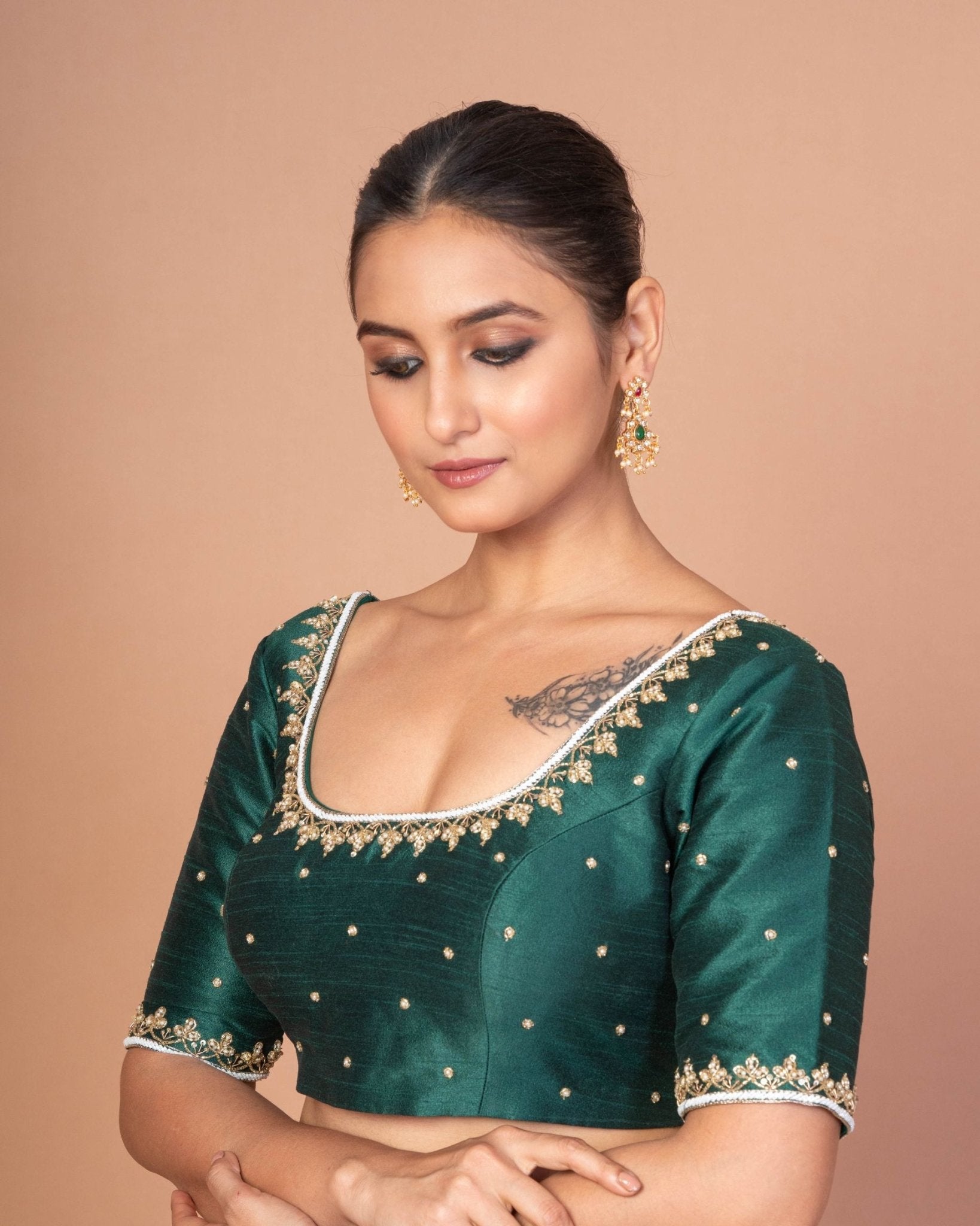 Forest Green Raw Silk Hand Embroidered blouse with elbow sleeves for wedding - Anvi Couture