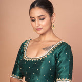 Forest  Green Raw Silk Hand Embroidered blouse with elbow sleeves for wedding