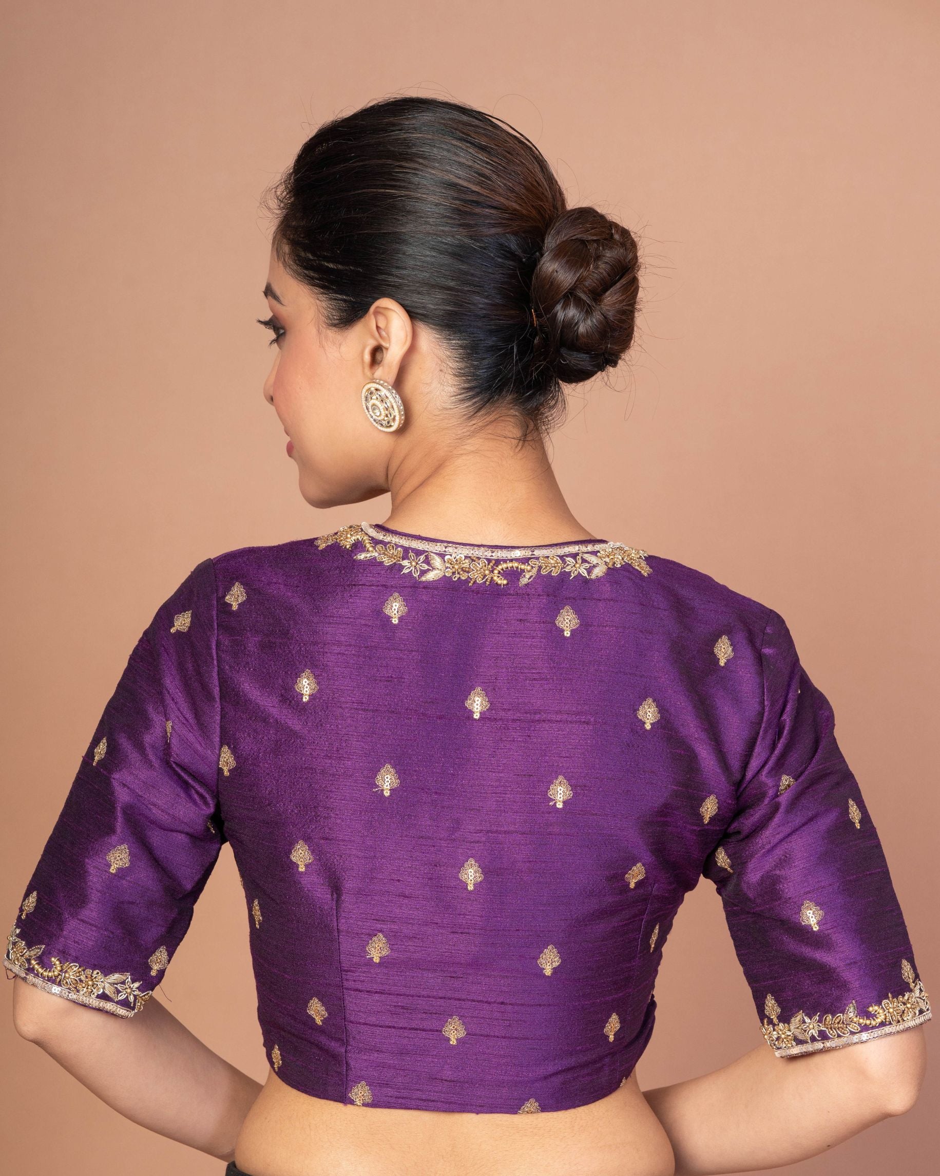 Purple Raw Silk Hand Embroidered Blouse with V Neckline and Elbow Sleeves image 1