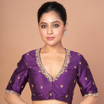 Purple Raw Silk Hand Embroidered Blouse with V Neckline and Elbow Sleeves image 2